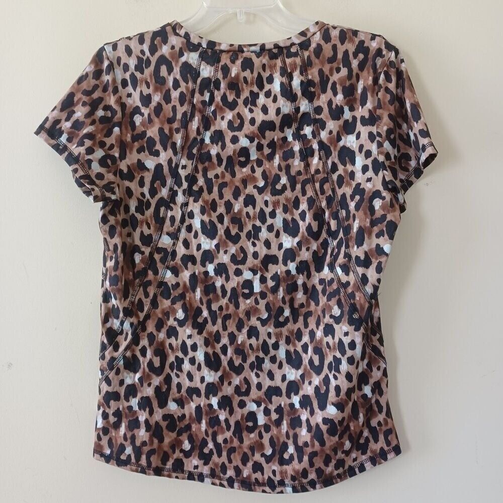 Gottex Lg Workout Tee Round Neck Short Sleeve Animal Leopard Print Fitted Gym - Picture 2 of 5